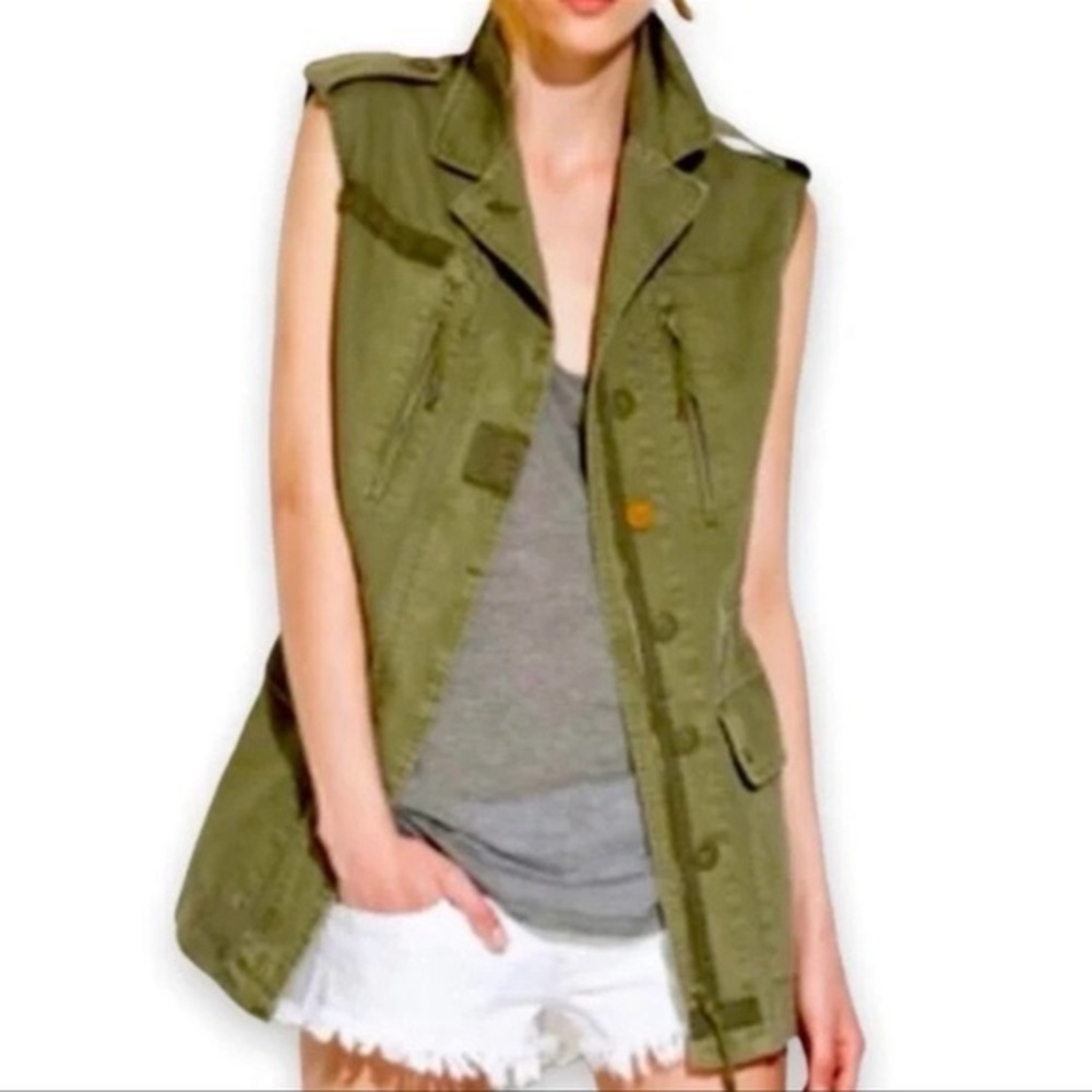 ZARA Trafaluc Olive Green Camo Utility Tunic Military-Style Vest S Drawstring